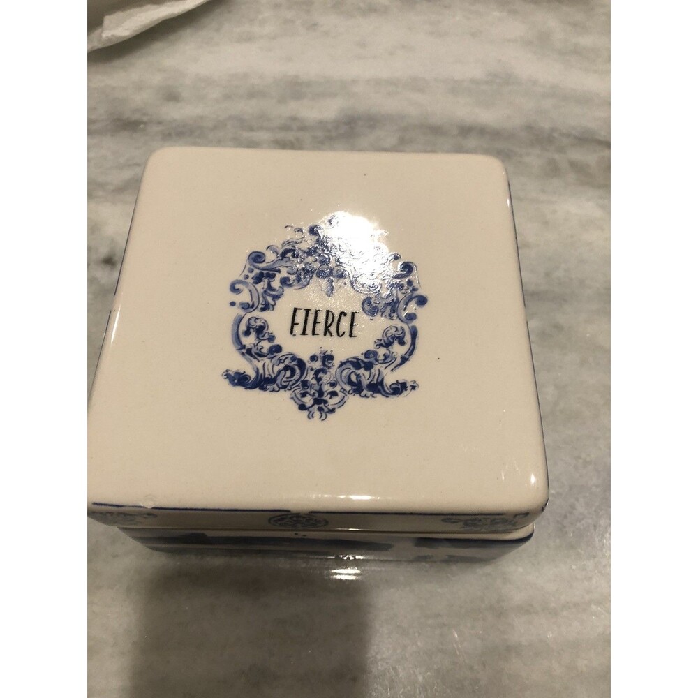 Patina Vie "Fierce" Trinket Box Blue Graphics on White